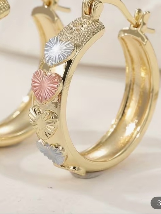 Gold Plate Jewelry - Gold Hoop Earrings with Pink & Silver Heart Accents